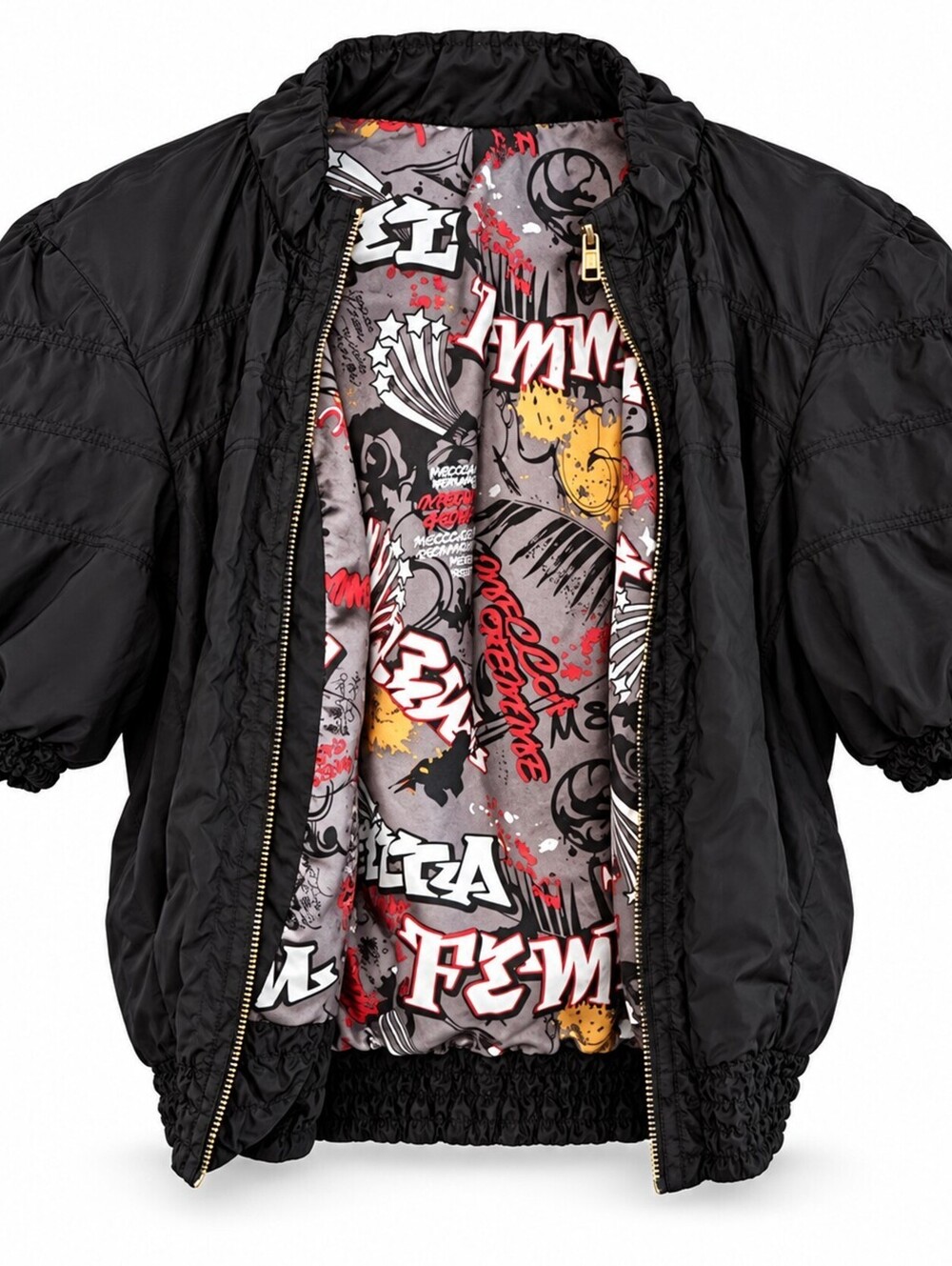 Y2K Black Puff Sleeve Bomber Jacket Women’s M Graffiti Lined McBling Goth